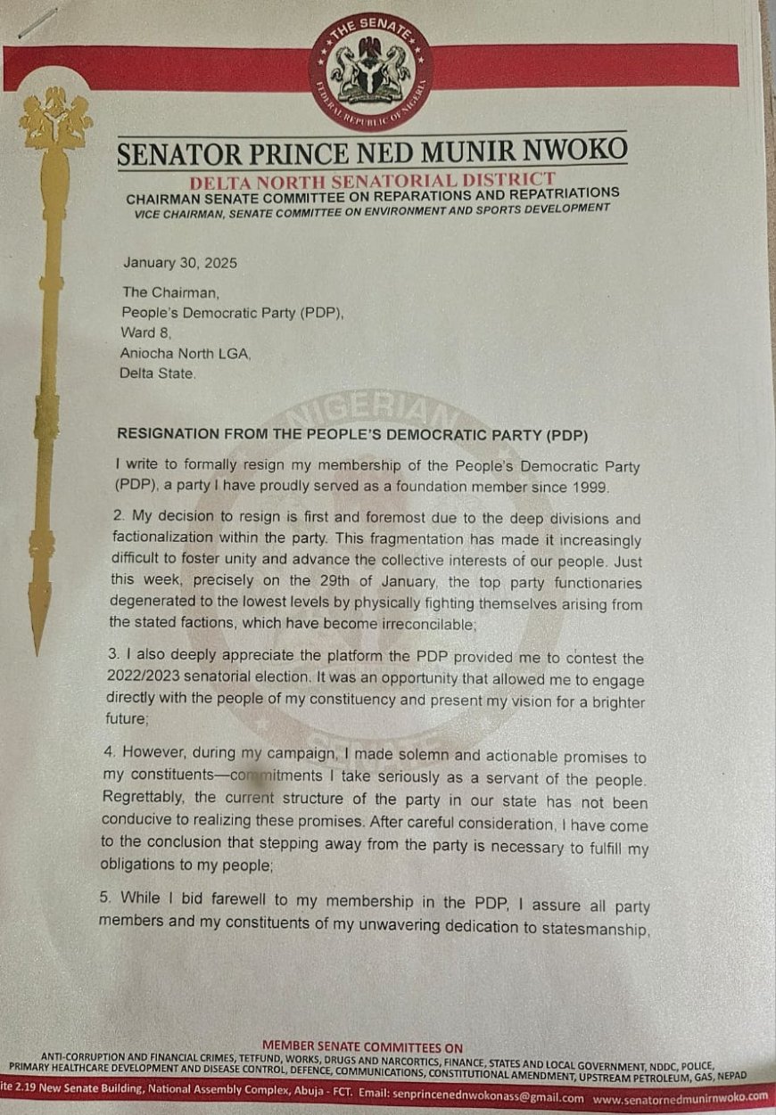 SEN NED NWOKO OFFICIALLY RESIGNS FROM PDP