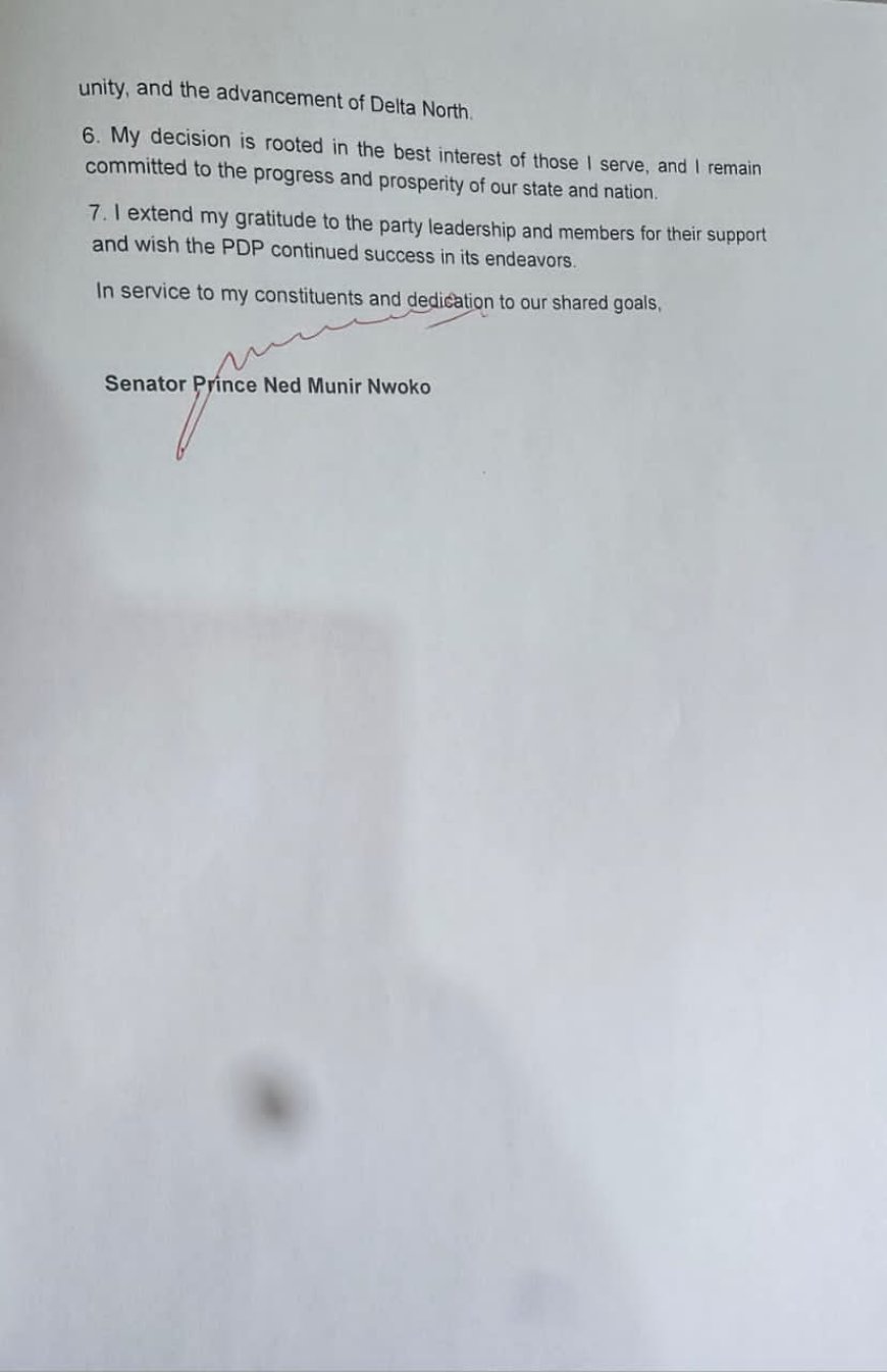 SEN NED NWOKO OFFICIALLY RESIGNS FROM PDP