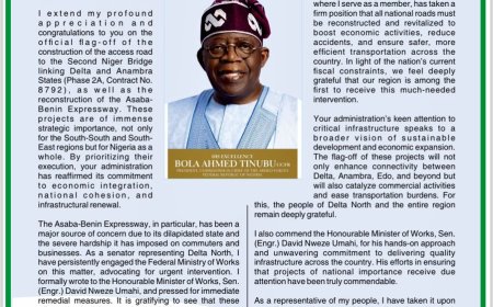 CONGRATULATORY AND APPRECIATION MESSAGE TO HIS EXCELLENCY, PRESIDENT   ASIWAJU BOLA AHMED TINUBU, GCFR, ON THE OFFICIAL FLAG OFF OF SECOND NIGER BRIDGE ACCESS ROAD AND ASABA-BENIN EXPRESSWAY RECONSTRUCTION
