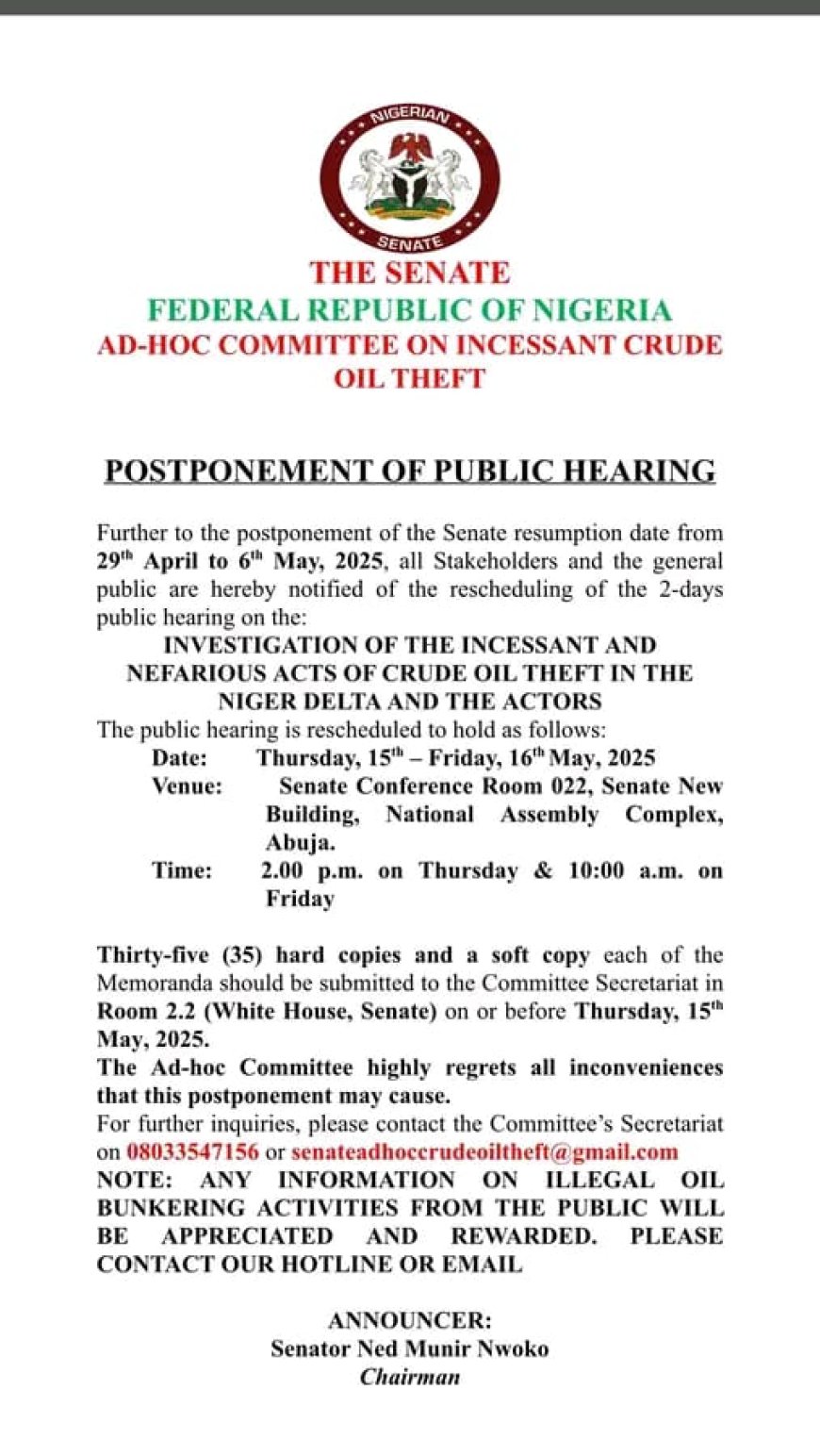 PRESS RELEASE: SENATE AD-HOC COMMITTEE ON INCESSANT CRUDE OIL THEFT ANNOUNCES POSTPONEMENT OF PUBLIC HEARING