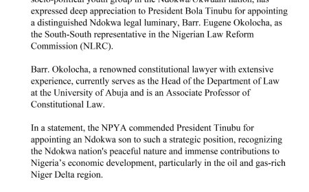 NDOKWA PROGRESSIVE YOUTH ASSEMBLY HAILS TINUBU'S APPOINTMENT OF BARR. EUGENE OKOLOCHA TO NLRC