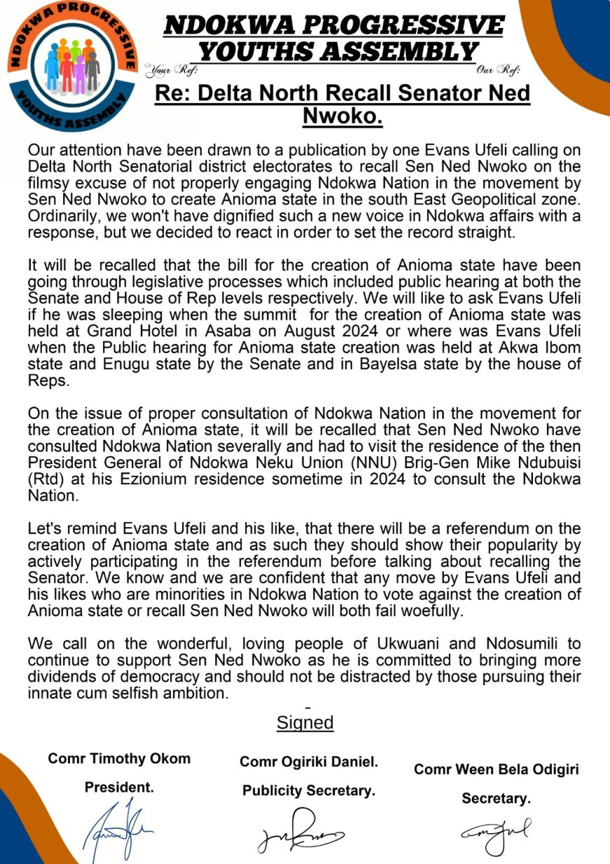 RE: DELTA NORTH RECALL SENATOR NED NWOKO.